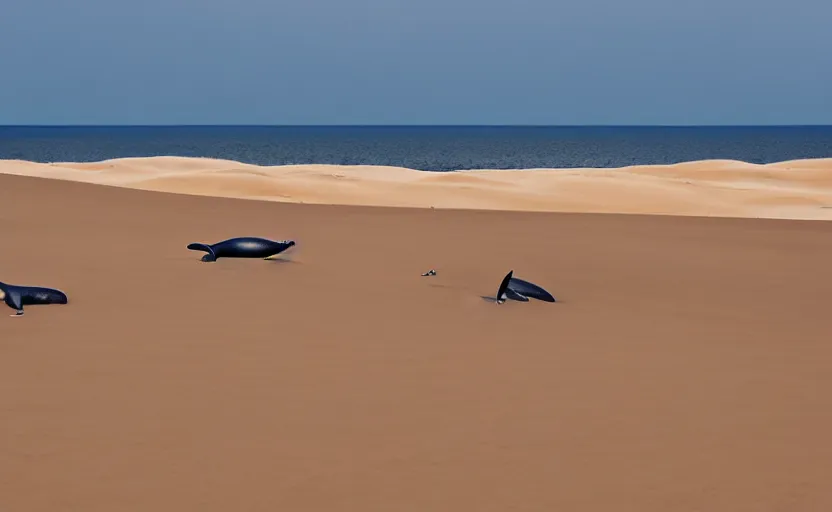 Prompt: standing whales in sand dunes, photography