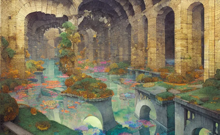 Image similar to tiled room squared waterway, aqueducts, fantasy. intricate, amazing composition, colorful watercolor, by ruan jia, by maxfield parrish, by marc simonetti, by hikari shimoda, by robert hubert, by zhang kechun, illustration, gloomy