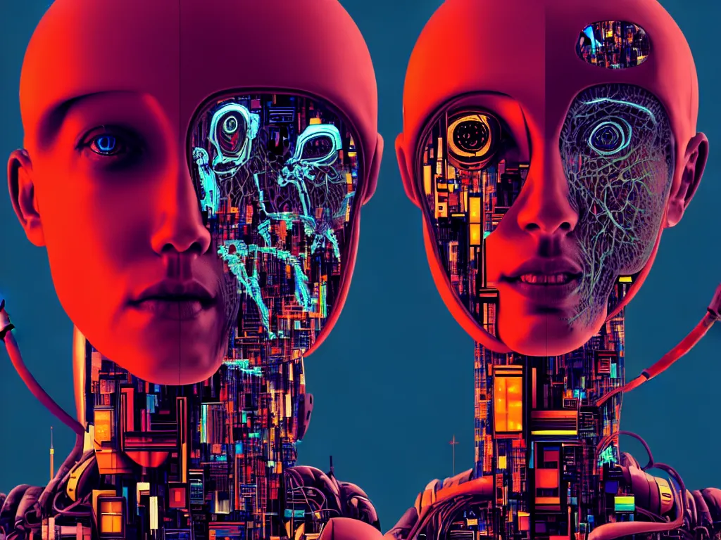 Image similar to degeneration of the human, robots inside the head, distopic, cyberpunk, sci - fi, 7 0 s colors, photorealistic, ultra detailed, 4 k