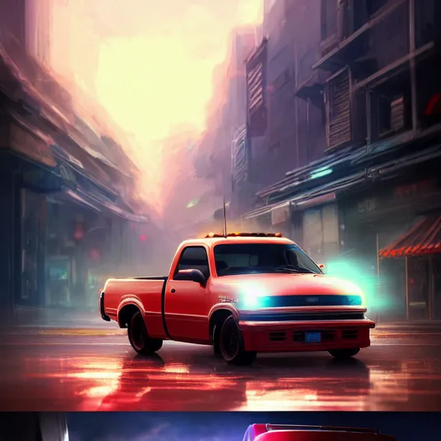 Prompt: epic professional digital art of Japanese Kei flatbed mlik minitruck , best on artstation, cgsociety, wlop, Behance, pixiv, astonishing, impressive, outstanding, epic, cinematic, stunning, bounce lighting, gorgeous, concept artwork, much detail, much wow, masterpiece.