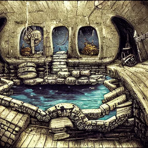 Image similar to drowned bandit lair, sewers, victorian, warehouse, fantasy art