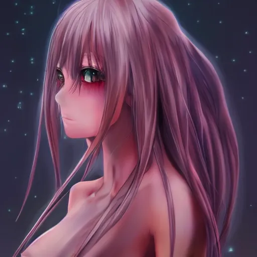 Image similar to realistic anime girl design, side pose, cosmic, dark, cybernetic room, beautiful face, long hairs, red garb, dynamic lighting