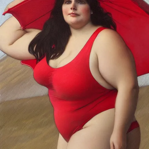 Image similar to portrait of cute 2 0 years old slightly obese courtney cox in red swimsuit running on a beach, intricate, hyperdetailed, photorealistic, diffuse lighting, hdrp, artstation, unreal 5, smooth, textless, sharp focus, art by john collier, albert aublet, krenz cushart, artem demura, alphonse mucha
