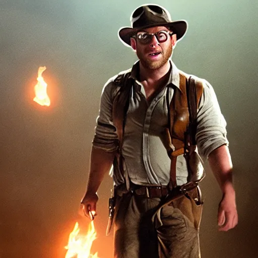 Image similar to Seth Rogen as indiana jones in raiders of the lost ark, 8k resolution, full HD, cinematic lighting, award winning, anatomically correct