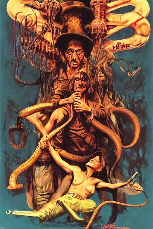 Image similar to poster for the 1 9 7 1 movie'snake oil fiesta ', directed by federico fellini, starring donald sutherland and uncle aloysius, art direction by wayne barlowe, glenn fabry and frank frazetta, cinematography by robby muller ), crisp