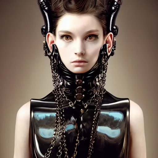 Prompt: A masterpiece portrait of a Incredibly beautiful futuristic high fashion queer model girl with A large luxurious Victorian necklace made of black leather. trending on artstation, digital art, by Stanley Artgerm Lau, WLOP, Rossdraws, James Jean, Andrei Riabovitchev, Marc Simonetti, Yoshitaka Amano