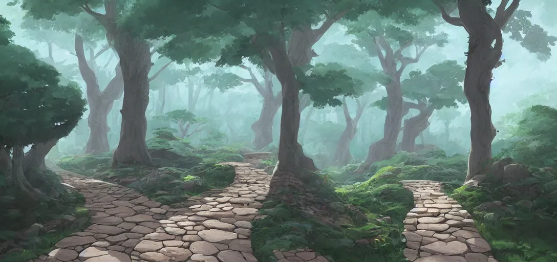 Image similar to concept art by sylvain sarrailh of an stone path leading to an abandonned asian temple, asiatic forest, studio ghibli