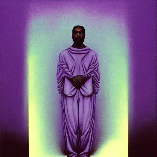 Image similar to kanye west as a zdzisław beksinski painting, surreal, godlike, neon purple shading