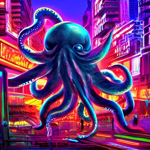 Prompt: big octopus monster burning neon city digital art, highly detailed, 4k,