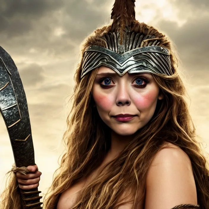 Image similar to professional full length photograph of elizabeth olsen as a barbarian warrior. Extremely detailed. 8k