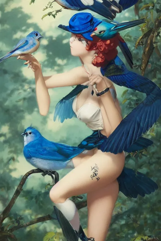 Image similar to anime pinup girl holding an indigo bunting, bird, the bird is wearing a bowtie, by greg rutkowski, rossdraws, gil elvgren, enoch bolles, anime, porcelain skin, very coherent