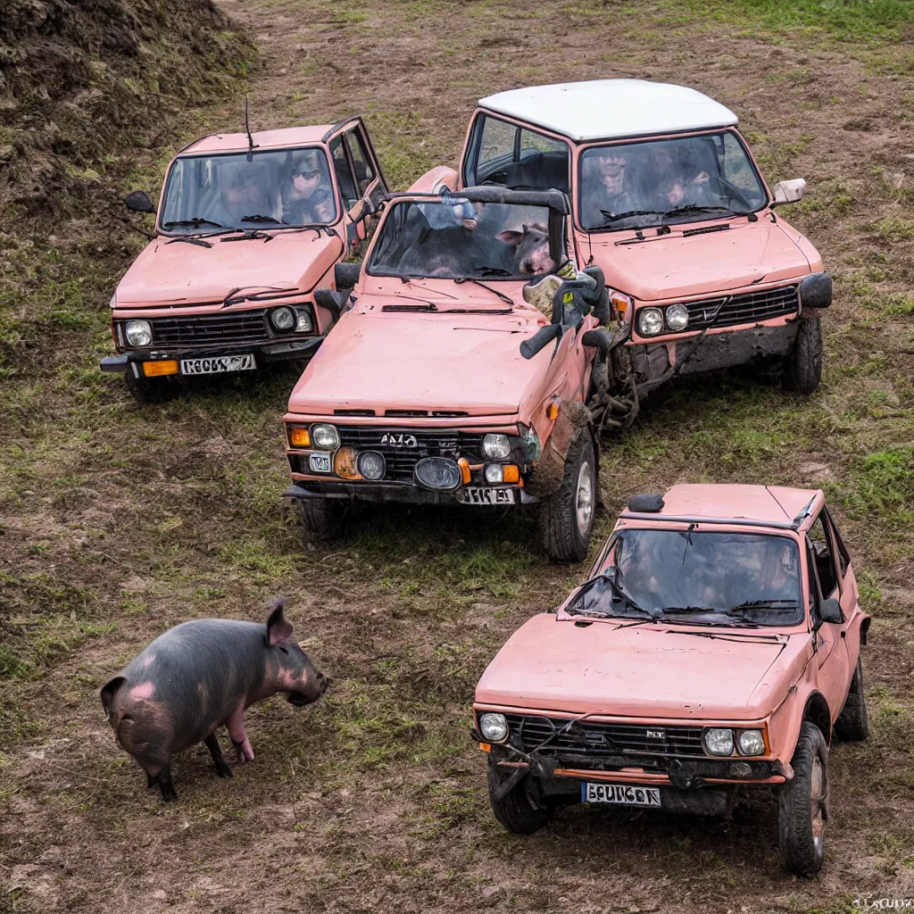 Prompt: pig driving, lada niva, award winning photography