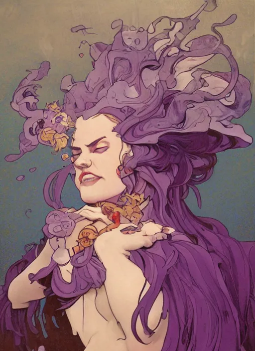 Image similar to mad madam mim, ugly, warts, purple smoke aura in motion, floating pieces, painted art by tsuyoshi nagano, greg rutkowski, artgerm, alphonse mucha, spike painting