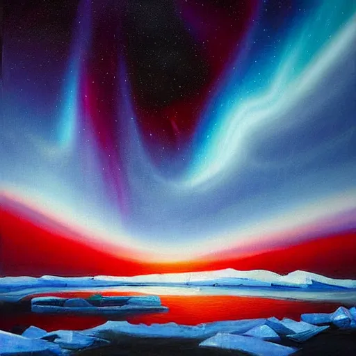 Image similar to the epic orphism painting'blue arctic void with black and red aurora borealis ', stunning masterpiece, trending on artstation