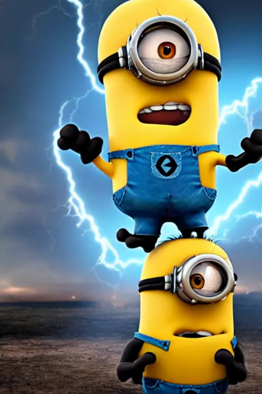 Image similar to minion trying to explode a bomb, realistic, dramatic lightening, cinematic