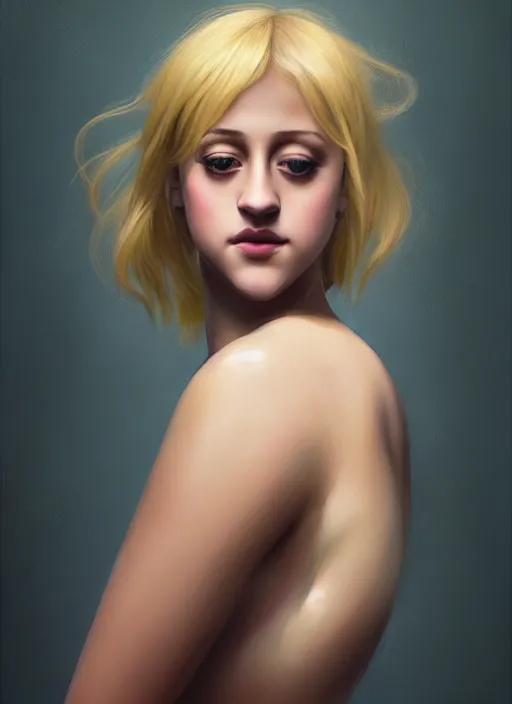 Image similar to full body portrait, teenage lili reinhart, blonde hair, obese, bangs, ponytail, sultry, realistic, sultry smirk, fluffy bangs, curly bangs, fat, belly, intricate, elegant, highly detailed, digital painting, artstation, concept art, smooth, sharp focus, illustration, art by wlop, mars ravelo and greg rutkowski