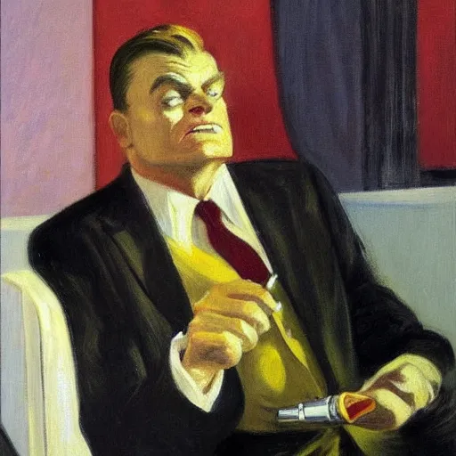 Prompt: A portrait of James Cagney smoking a cigar in a busy hotel lobby, painting by Edward Hopper and John Singer Sargent