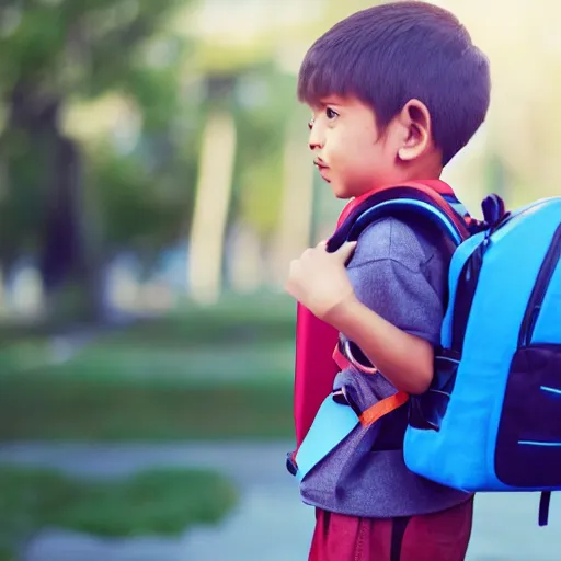 Prompt: 8k photograph of a frog wearing a backpack and school uniform. On his way to his first day at school