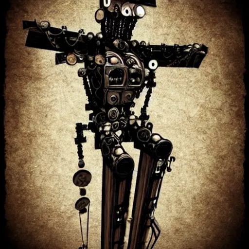 Prompt: steampunk robot crucified in golgotha