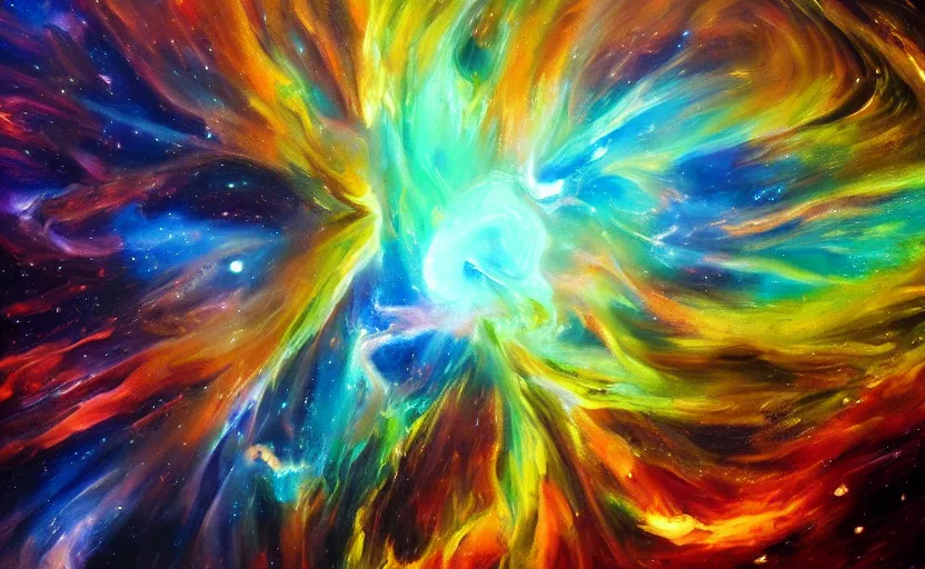 Image similar to an abstract oil painting of an unbelievably beautiful space nebula; all swirling light and fire; hyper-detailed; an extraordinary masterpiece!!!; flawless; trending on artstation