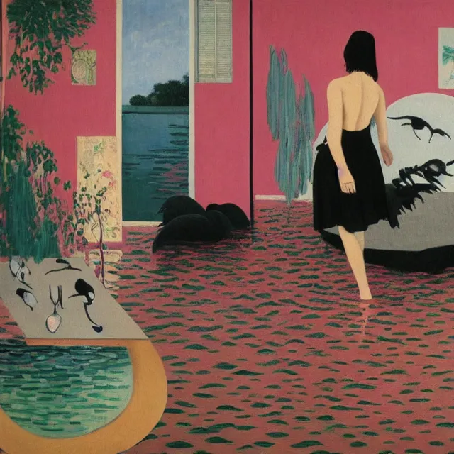 Image similar to female emo art student in her apartment, painting of flood waters inside an artist's feminine bedroom, a river flooding indoors, pomegranates, pigs, ikebana, water, octopus, river, rapids, waterfall, black swans, canoe, berries, zen, acrylic on canvas, surrealist, by magritte and monet