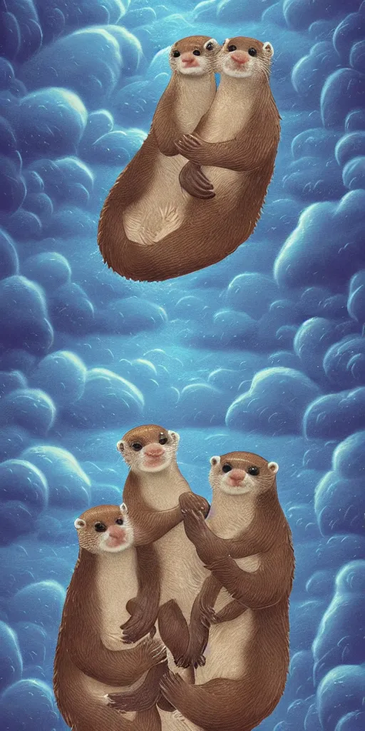 Prompt: family of adorable otters falling in love holding hands side by side huddled, all hiding together in the middle of a super scary storm at sea, fantasy illustration, cinematic, award winning, romantic, detailed trending on artstation, masterpiece