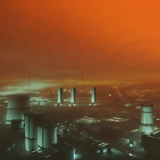 Image similar to an aerial view of an abandoned industrial terrain with giant nuclear plants and cooling towers, night time, shot from the blade runner 2049 movie, moody, dark, foggy