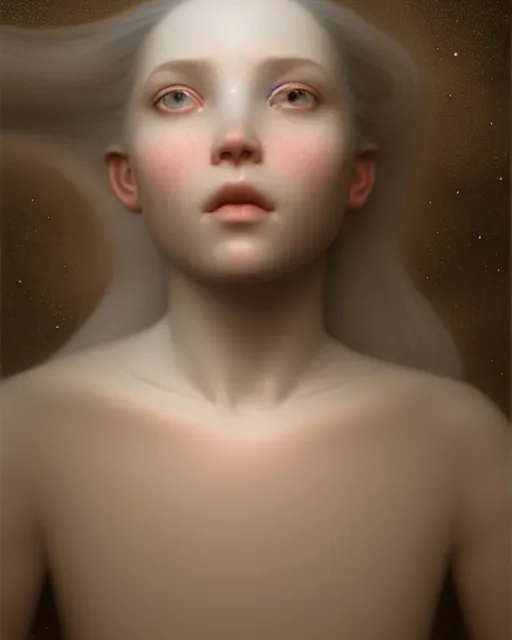 Prompt: dreamy, subsurface scattering, white, young beautiful goddess in cosmos, octane render, dino valls, mark ryden, joe fenton, michal karcz, highly detailed, rim light, art, cinematic lighting, very coherent, hyper realism, 8 k