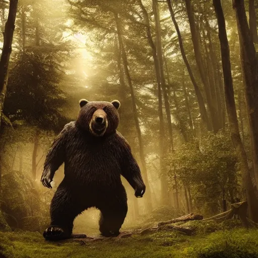 Prompt: a giant bear-shaped lovecraftian monster running quickly through a woodland, scary bear monster, 4 arms, magical forest, fantasy, Ireland, England, king Arthur, Lord of the rings, cinematic, realistic style, beautiful, majestic, dramatic lighting, early morning, dawn CGsociety, realistic, hyper maximalist, golden ratio, octane render, rule of thirds, wide shot , 8k resolution, epic volumetric light, cinematography, concept art, Artstation trending, environments, fantasy