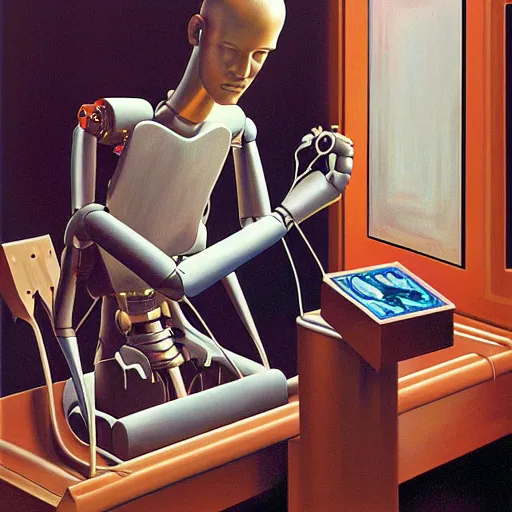 Prompt: robot artist artist painting a self portrait, by clyde caldwell, james c. christensen, george tooker