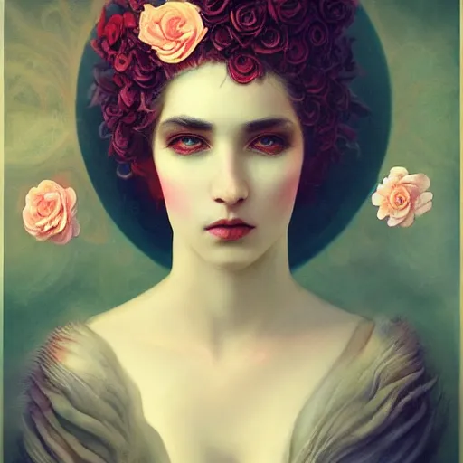 Image similar to tom bagshaw, soft painting of a curiosities carnival omnious, beautiful young aristocrat blessing flowers in full dress, perfectly detailed, symmetrical accurate intricate sensual features, highly detailed, artstation, sharp focus