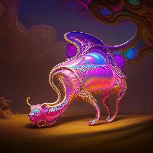 Image similar to iridescent opalescent animal in candyland, warm tones, bioluminescent : by michal karcz, daniel merriam, victo ngai and guillermo del toro : ornate, dynamic, particulate, intricate, elegant, highly detailed, centered, artstation, smooth, sharp focus, octane render