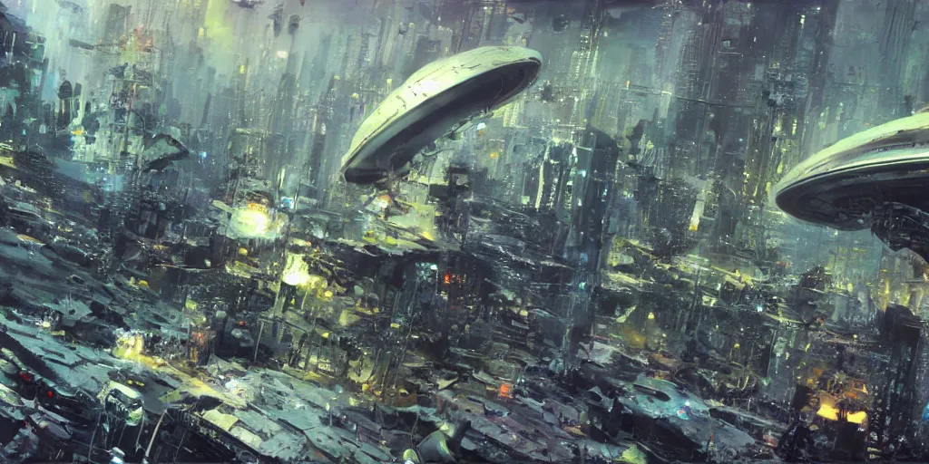 Image similar to hi - tech alien space ship crashed on dystopian earth, nyc 2 0 7 7, detailed, sharp focus, brush strokes, technicolor, by john berkey, craig mullins.