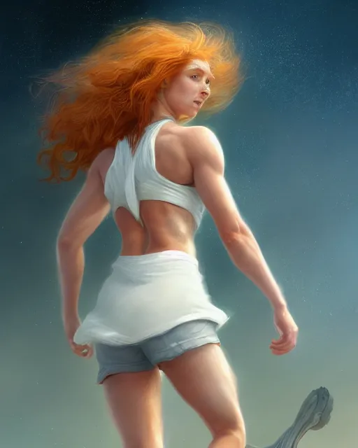 Prompt: cute female runner, perfect face, white halter top, flowing ginger hair, abs, cinematic, stunning, athletic, strong, agile, highly detailed, psychedelic, digital painting, artstation, smooth, hard focus, illustration, art by jessica rossier and and brian froud