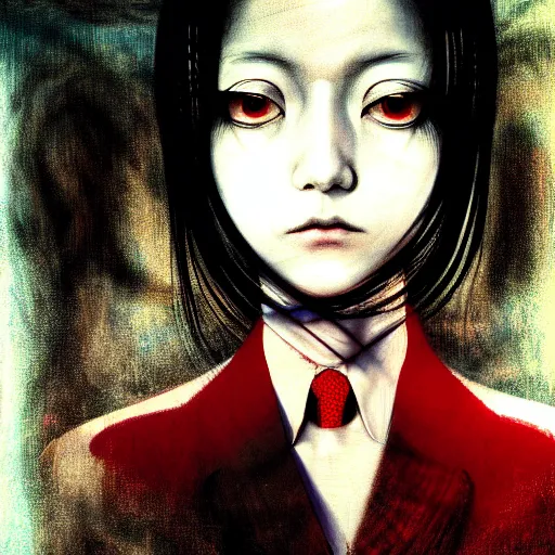 Image similar to yoshitaka amano blurred and dreamy realistic three quarter angle horror portrait of a sinister young woman with short hair, and red eyes wearing a lot of jewellery and office suit with tie, junji ito abstract patterns in the background, satoshi kon anime, noisy film grain effect, highly detailed, renaissance oil painting, weird portrait angle, blurred lost edges