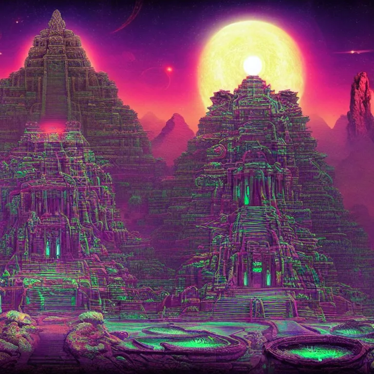 Image similar to mysterious ancient dieties hovering over magical temple, infinite quantum waves, synthwave, highly detailed by ernst steiner