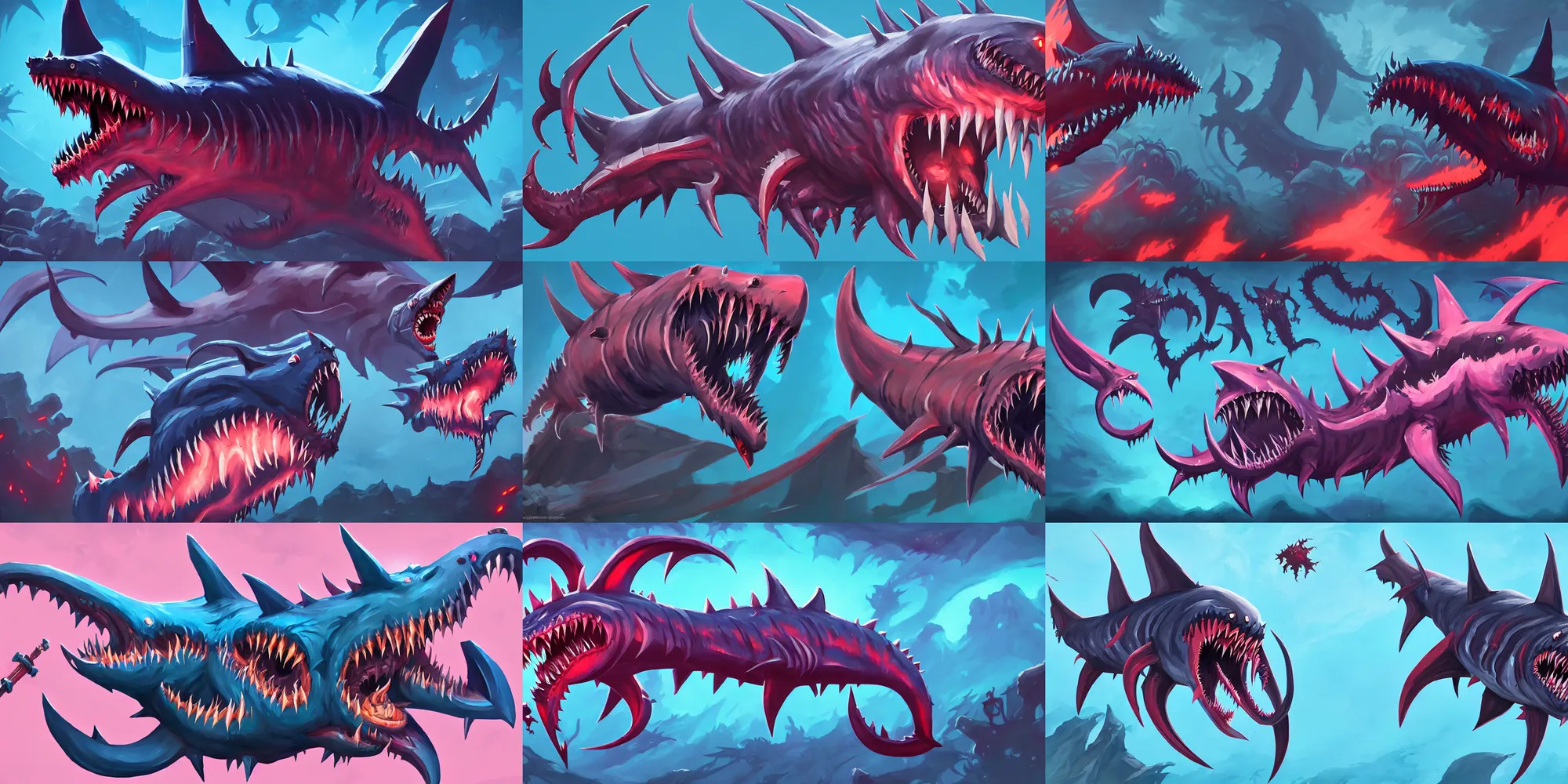 Prompt: game asset of demonic shark from hell, in gouache detailed paintings, props, stylized, 2 d sprites, kitbash, arcane, overwatch, blue and pink color scheme, 8 k, close up