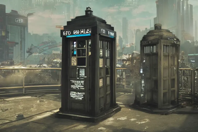 Image similar to tardis in cyberpunk 2 0 7 7