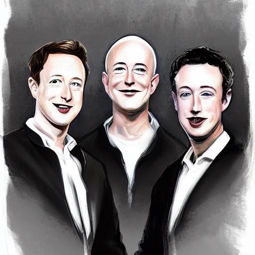 Image similar to portrait of elon musk, mark zuckerberg, jeff bezos, in meeting together, very detailed, art contest winner on behance, trendy on deviant art, by by artgem