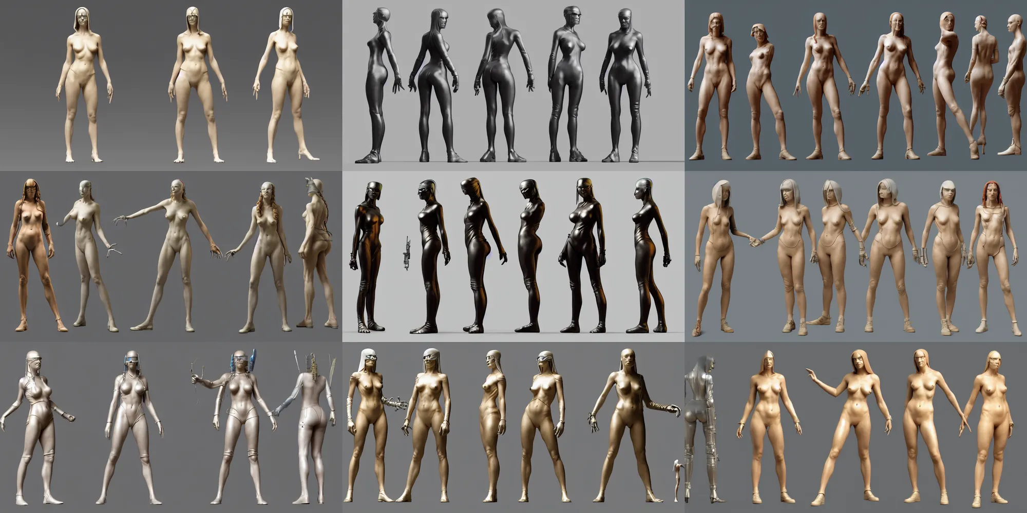 Prompt: character sheet of badass cyberpunk girl by thomas blackshear and hieronymus bosch and bouguereau and steven stahlberg and piero della francesca and sandro botticelli, full figure, whole body, 3 d render