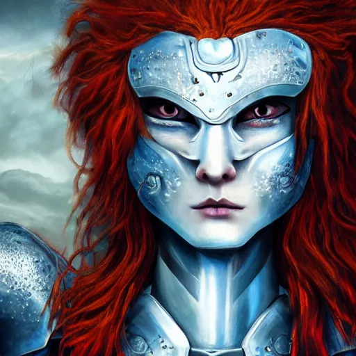 Image similar to a gorgeously defined character with long red hair and immensly glowing eyes, wearing armor with blue baggy pants, surrealism art, portrait!!, intricately detailed, 4 k quality