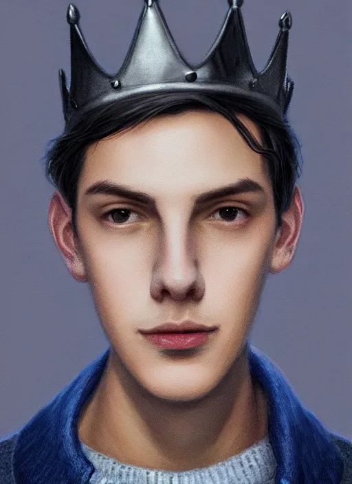 Image similar to portrait of teenage jughead jones wearing a light grey crown, crown, blue turtleneck, closed eyes, photorealistic, black hair, glowing lighting, intricate, elegant, glowing lights, highly detailed, digital painting, artstation, concept art, smooth, sharp focus, illustration, art by wlop, mars ravelo and greg rutkowski