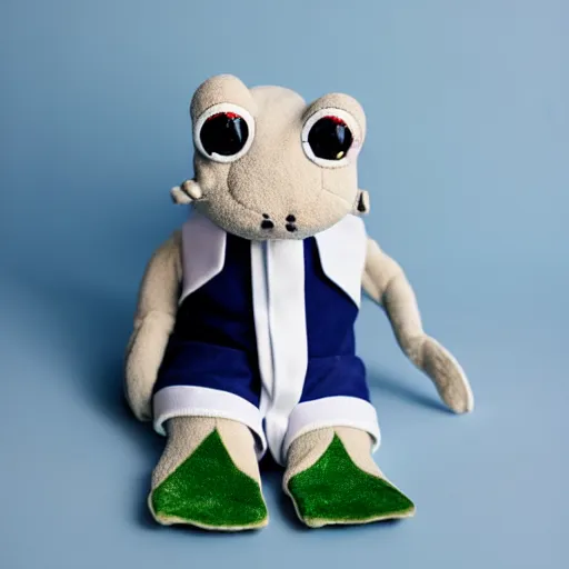 Image similar to stuffed animal frog wearing a sailor suit, cute, photography,