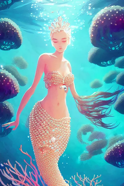 Image similar to a beautiful mermaid queen of the ocean in the middle of coral reefs, pearl and crystal jewelry, complex and shiny dress inspired by jellyfish, by ross tran and atey ghailan, by greg rutkowski, by greg tocchini, by james gilleard, by joe fenton, by kaethe butcher, dynamic lighting, grunge aesthetic