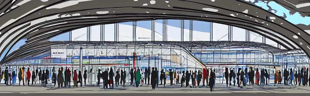 Prompt: birmingham new street train station exterior, gouache, animated film, stylised, illustration, by eyvind earle, scott wills, genndy tartakovski, syd mead