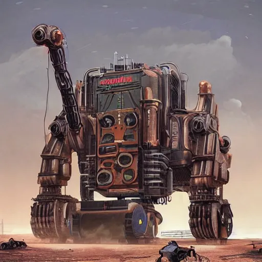 Prompt: giant scary quadrupedal mining machine with drill, four legs, highly detailed body, retro, industrial, dark, dystopian, apocalyptic, clean, in the style of simon stalenhag