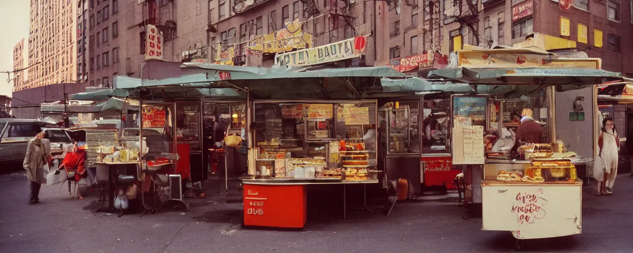 Image similar to medium shot, spaghetti food stand in downtown nyc, kodachrome, in the style of wes anderson, retro