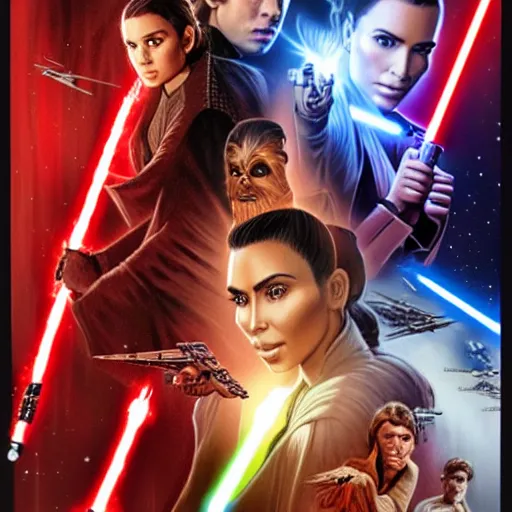 Image similar to detailed star wars movie poster with kim kardashian sith and ben shapiro jedi