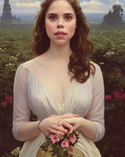 Prompt: a portrait painting of haley atwell / holly earl / erin moriarty hybrid oil painting, gentle expression, smiling, elegant clothing, scenic background, extremely detailed and lifelike, artgerm, greg rutkowski, alphonse mucha, vladimir volegov, adolphe bouguereaum, greg hildebrandt