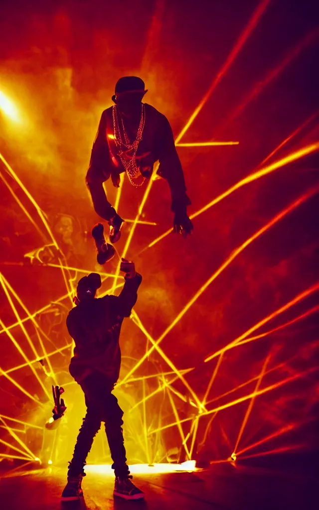Image similar to rapper performing with microphone, epic pose, medium close-up, silhouetted, distinct figure, psychedelic hip-hop, laser light show, fog, beams of light
